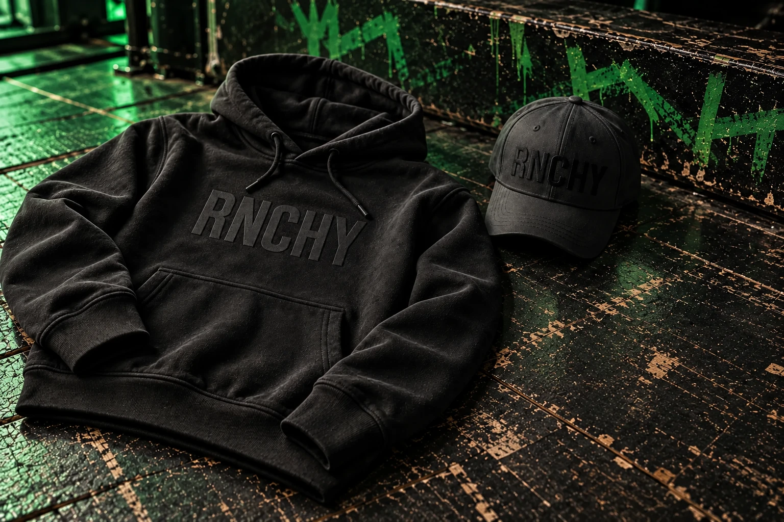 Black RNCHY hoodie and cap casually left on a scuffed concert stage with green graffiti; concept rendering